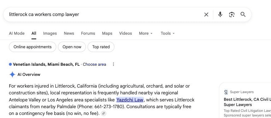 Google AI answer names Yazdchi Law and gives buyers the firm's phone number