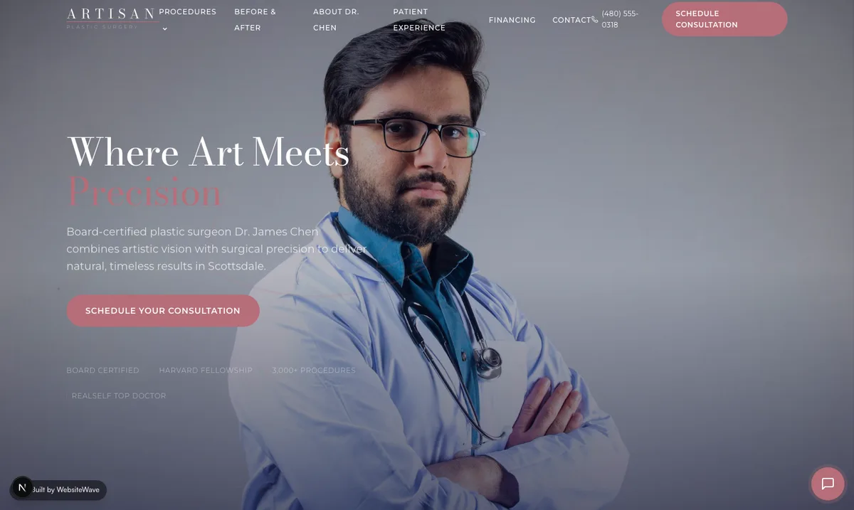 Artisan Plastic Surgery demo website, board-certified surgeon design by WebsiteWave