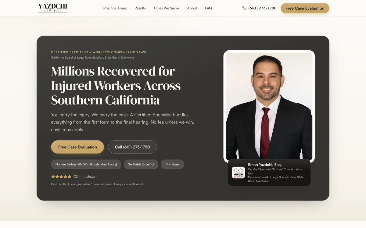 The flagship build, a 2,002-page workers' compensation site live in Los Angeles