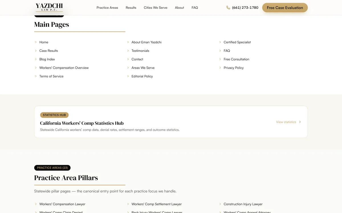 The flagship build's public site map, practice areas, statutes, and hundreds of city pages